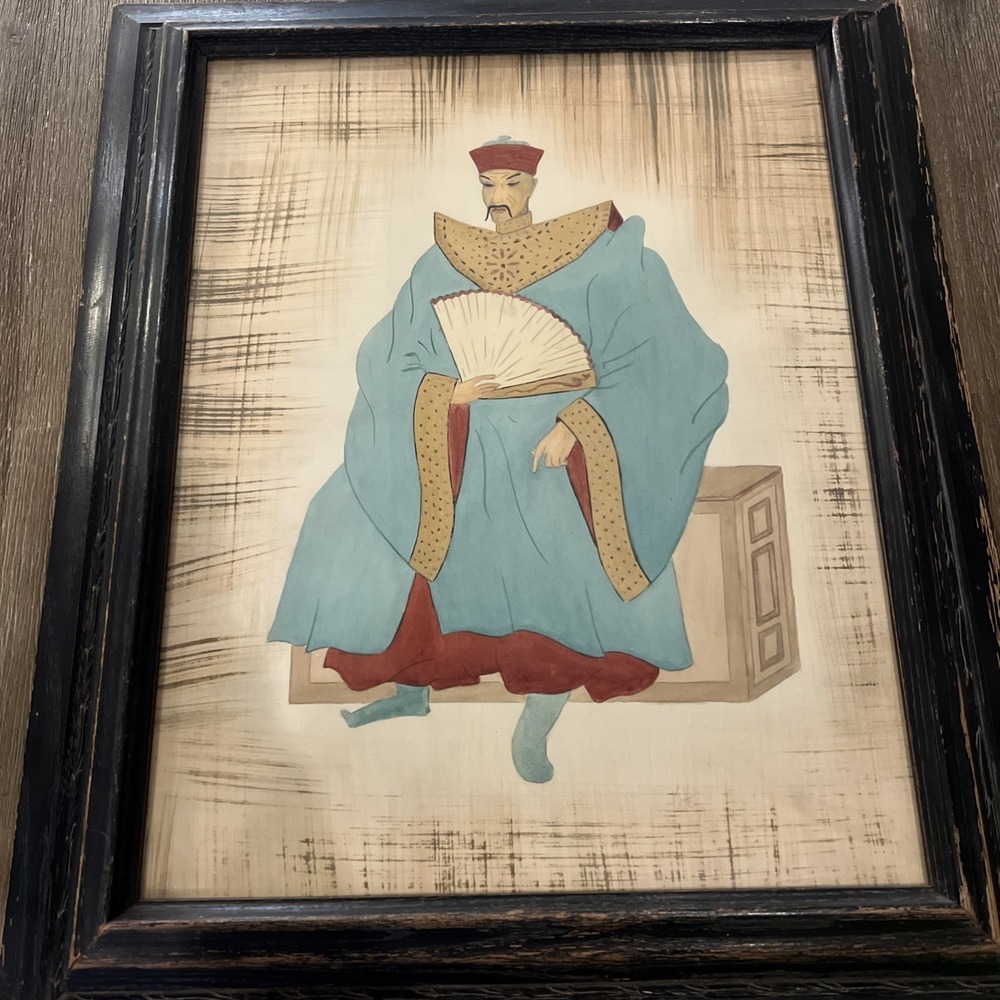 Vintage Art Watercolor Chinese Ancestoral Print Asian Portrait Framed